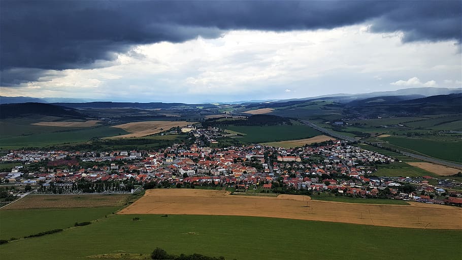 village, city, valley, the village, region, fields, top view, clouds, slovakia, cloud - sky