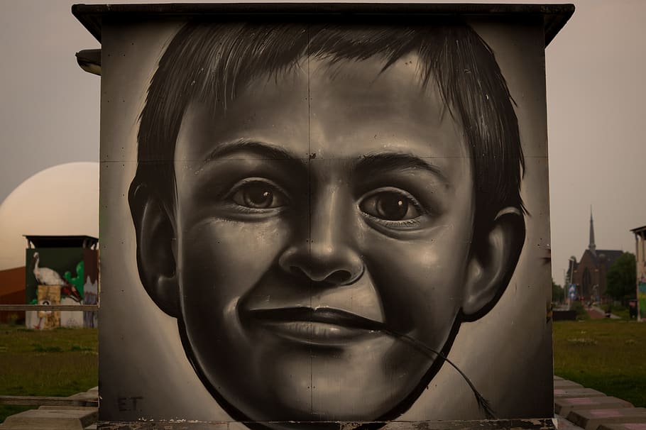 calle, arte, pintura en aerosol, mural, pared, retrato, tiro en la cabeza, primer plano, niño, personas reales