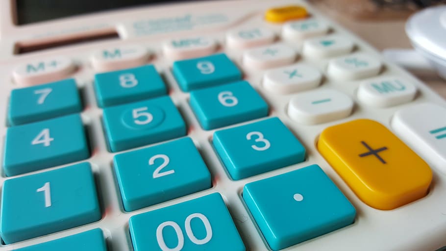 primer plano, foto, blanco, azul, calculadora de escritorio, calculadora, números, material de oficina, Número, tecnología