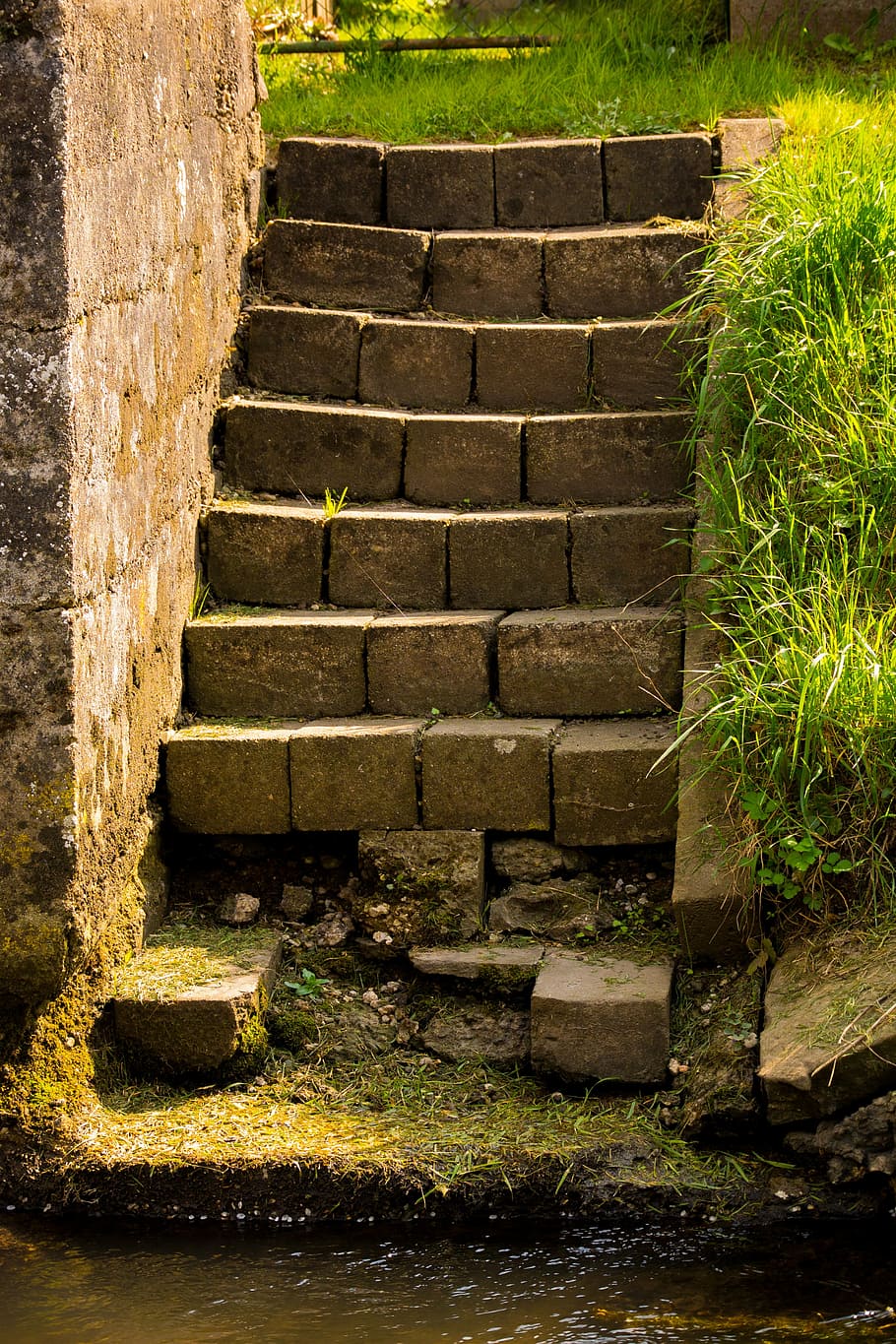 stairs, stone stairway, broken, bach, water, garden, lawn green, upward, staircase, emergence