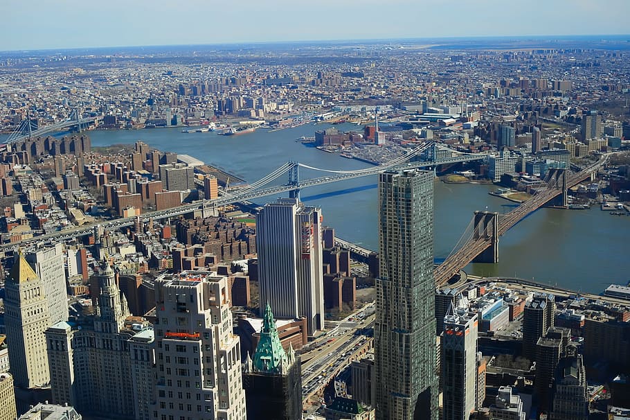 aerial, photography, city buildings, daytime, brooklyn bridge, new york, manhattan, suspension bridge, new york city, brooklyn