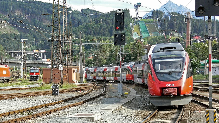 orange, train, rail, innsbruck, central station, electrical multiple unit, alpenblick, mountain isel, ski jump, four-hills tournament