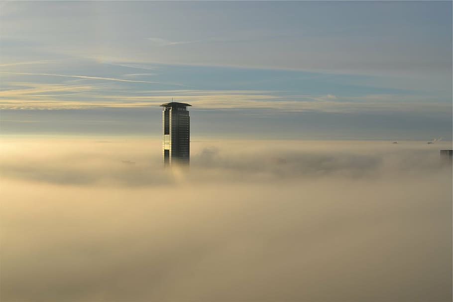 gray skyscraper, tower, clouds, daytime, building, high rise, skyscraper, architecture, above the clouds, sky