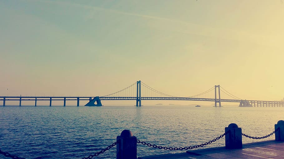 dalian, pantai, matahari terbenam, kota, cina, laut, teluk, jembatan, senja, jembatan - Struktur Buatan Manusia