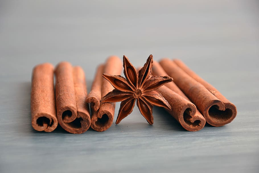 brown, textiles, gray, surface, spices, ingredients, anise, cinnamon, preparation, aroma