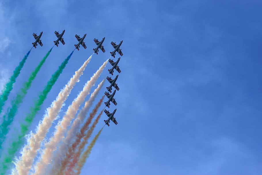 fighter jet formation, sky, outdoors, airplane, flight, blue sky, arrows, tricolor, cloud, cloud - sky