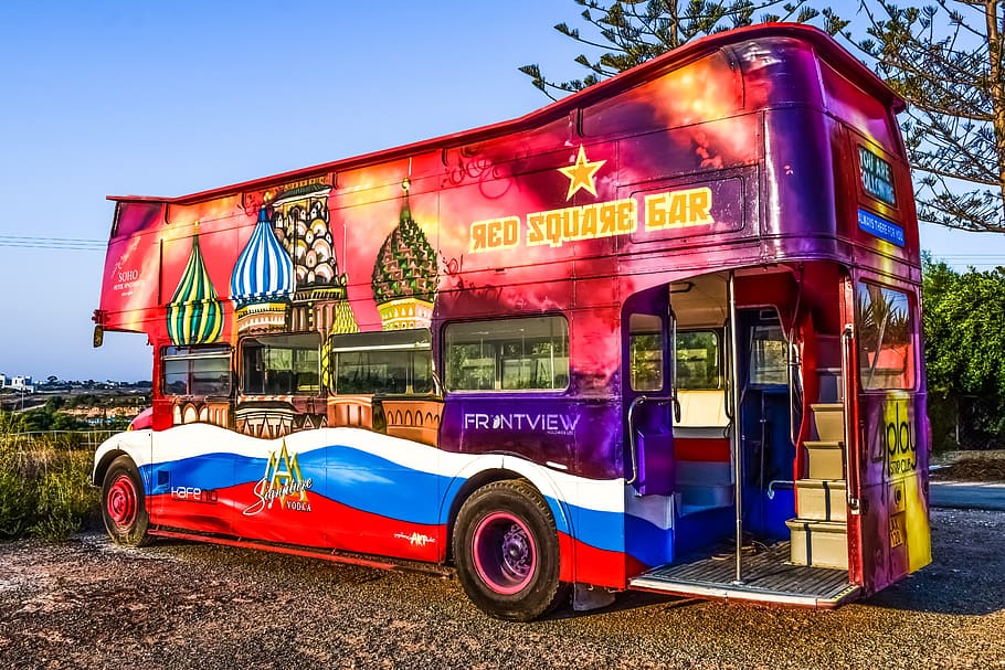 bus, double-decker bus, colorful, transportation, vehicle, car, advertisement, mode of transportation, red, land vehicle