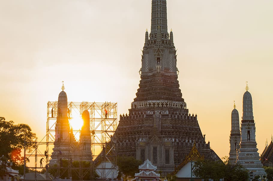 Gris, hormigón, edificio de la torre, puesta de sol, Wat Pho, Pho, Wat, Bangkok, religión, Tailandia