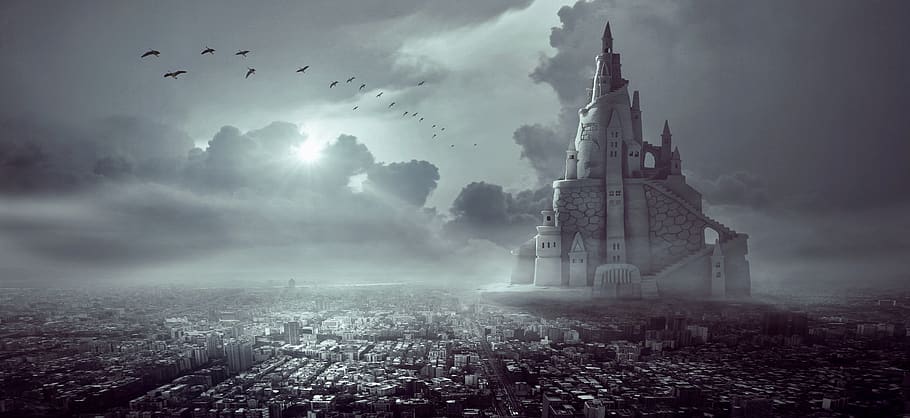 fantasy, city, castle, light, sky, architecture, dramatic, gloomy, fantastic, forward