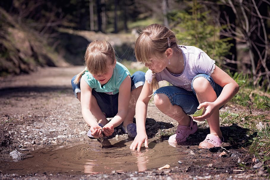 two, girls, playing, water, mud, human, children, girl, puddle, water-based paints