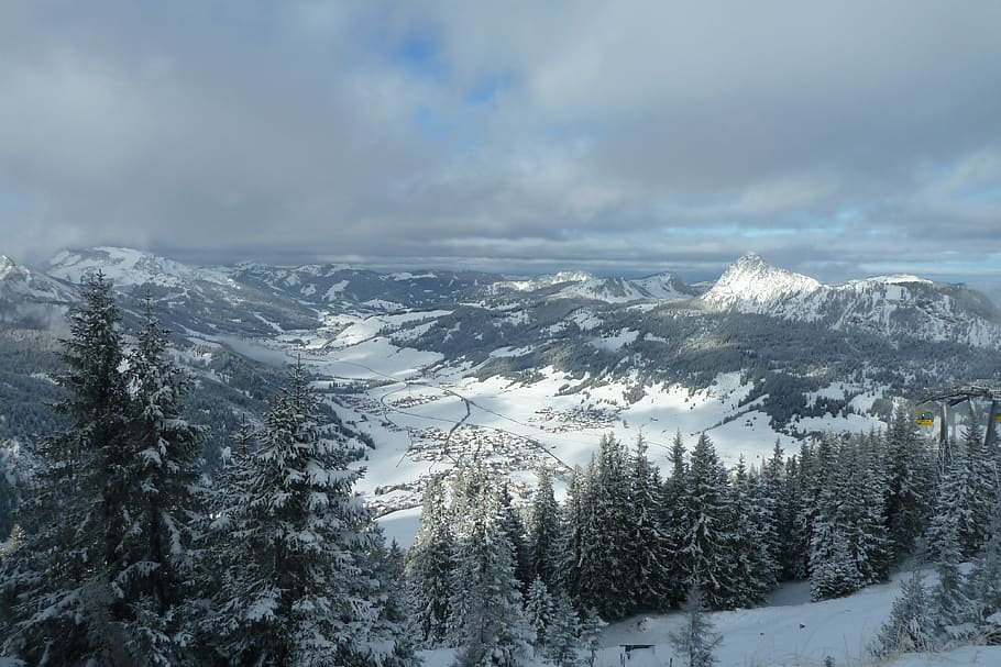 tannheim, lanskap, pegunungan, austria, tyrol, pohon, musim dingin, salju, suhu dingin, keindahan di alam