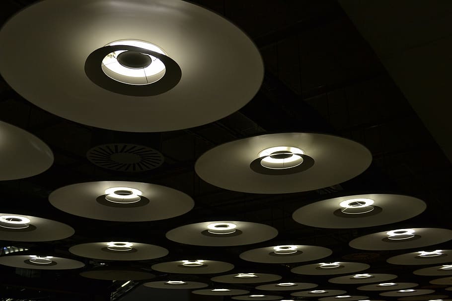ceiling lights, lighting, lights, lamps, modern, madrid, airport, illuminated, indoors, lighting equipment