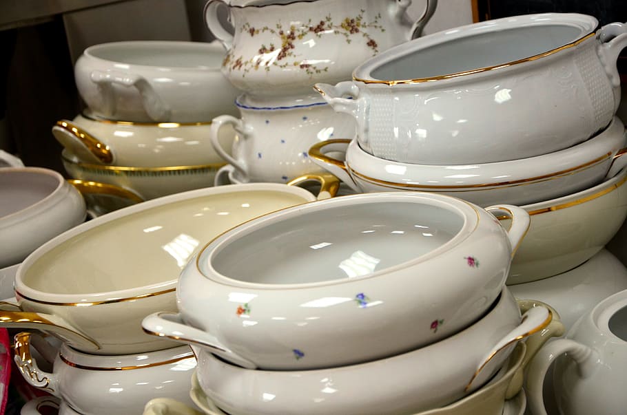 gold trim dinnerware, tureens, tureen, old, grandma's dishes, stack, decor, porcelain, gold edge, service