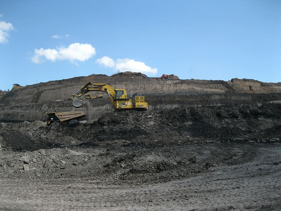 yellow, excavator, rock formation, stone quarry, quarry, mine, mining, coal, industry, sky