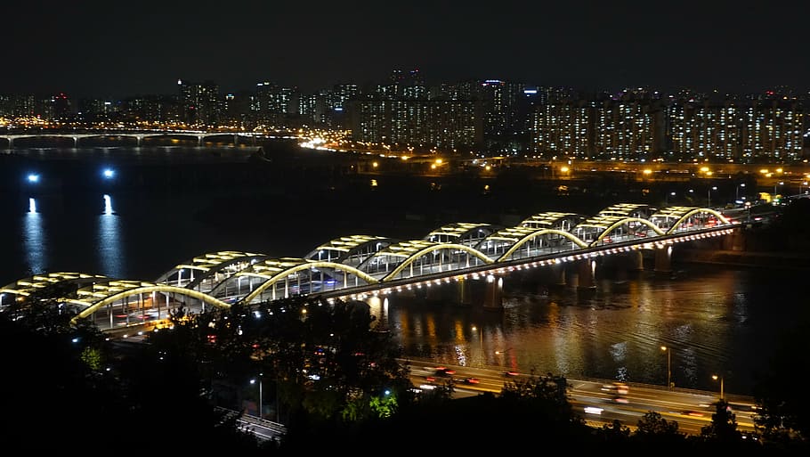 橋, 都市, 夜間, ソウル, 夜景, ハン川, 漢江橋, 夜の写真, 夜の風景, ライトアップ