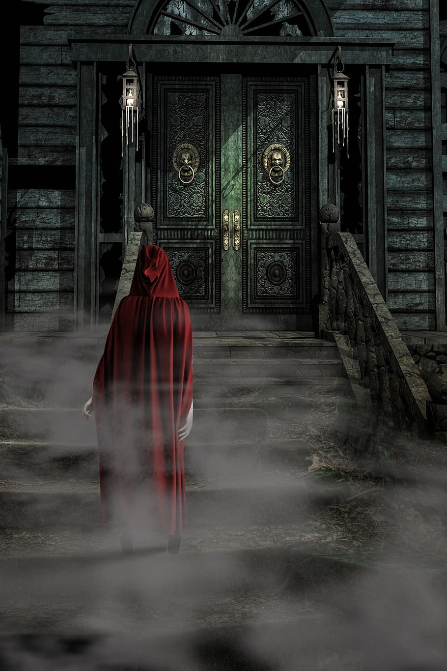 mysticism, fantasy, woman, magic, photomontage, composing, mysterious, old house, fog, architecture