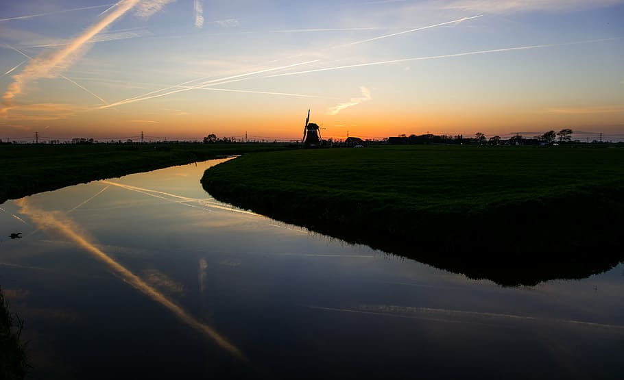 river, grass field, orange, sunset, body, water, dusk, dark, sky, windmill