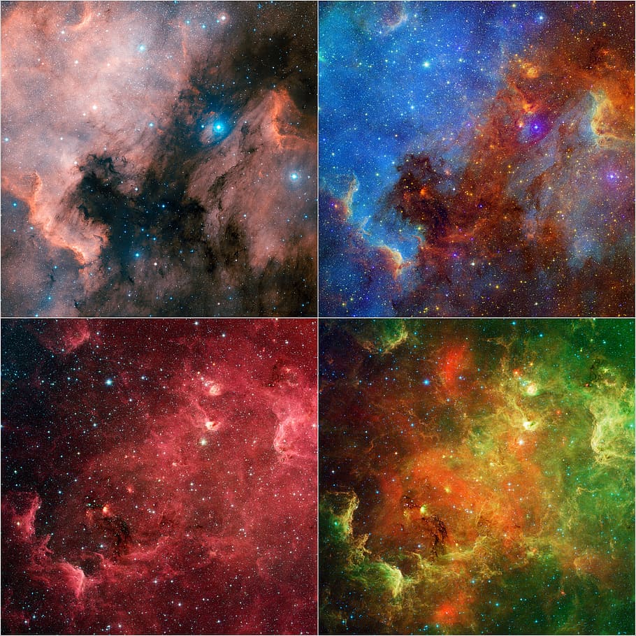 four, assorted-color galaxy painting collage, north america nebula, ngc 7000, spectra, galaxy, space, diffuse gasnebel, constellation swan, gas fog