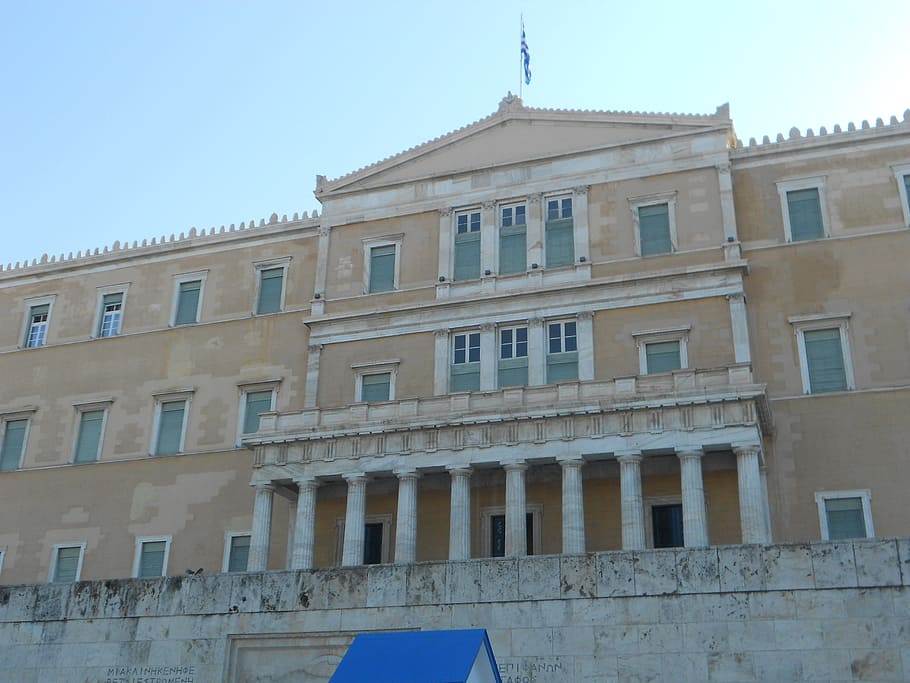 greek parliament, greece, athens, building exterior, built structure, architecture, window, sky, building, low angle view