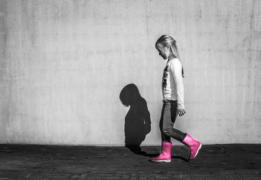 toddler, crew-neck shirt, pants, standing, concrete, wall, little, girl, walking, shadow