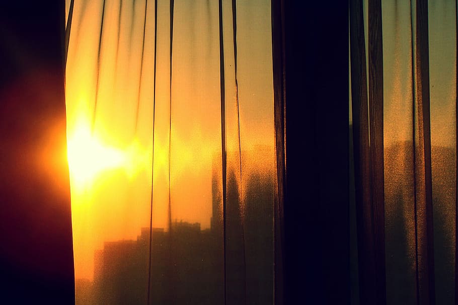yellow curtain, sun, tulle, window, sunset, blinds, atmosphere, yellow, home, backgrounds