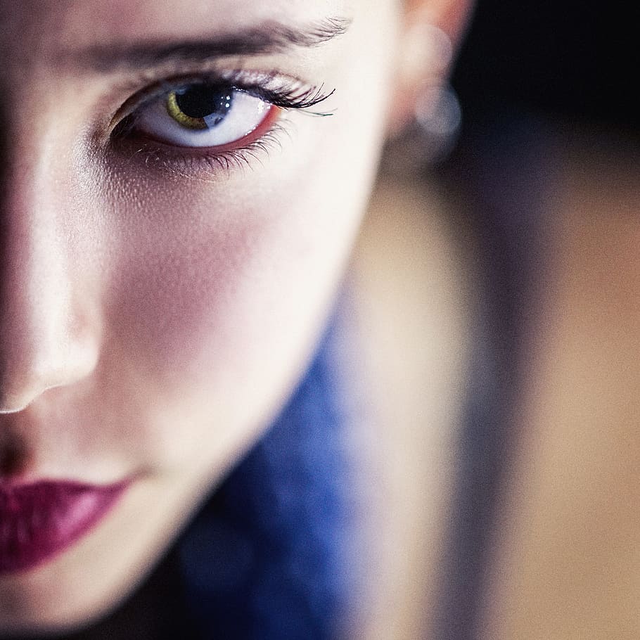 shallow, focus, woman, wearing, red, lipstick, girl, portrait, person, eye
