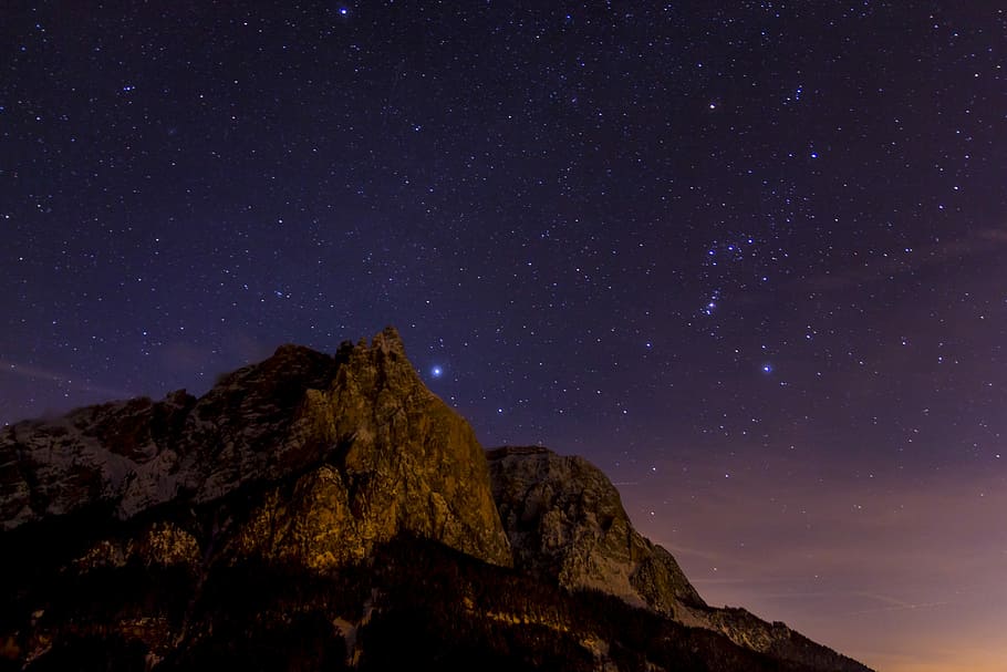 brown, mountains, purple, galaxy stars, night photograph, star, schlern, santner peak, south tyrol, sky
