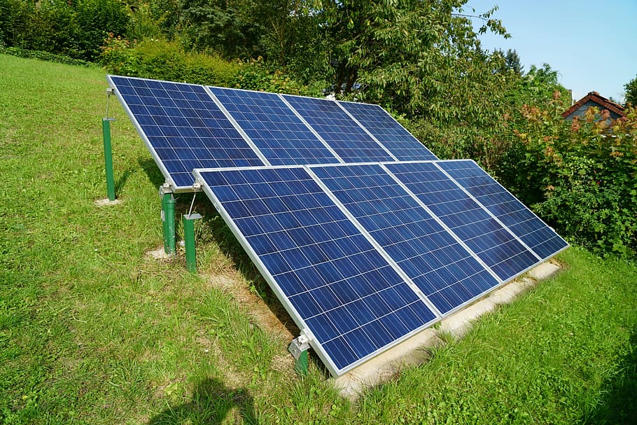 dua, hitam, matahari, panel, hijau, rumput, photovoltaic surya, saat ini, pembangkit listrik, pembangkit energi