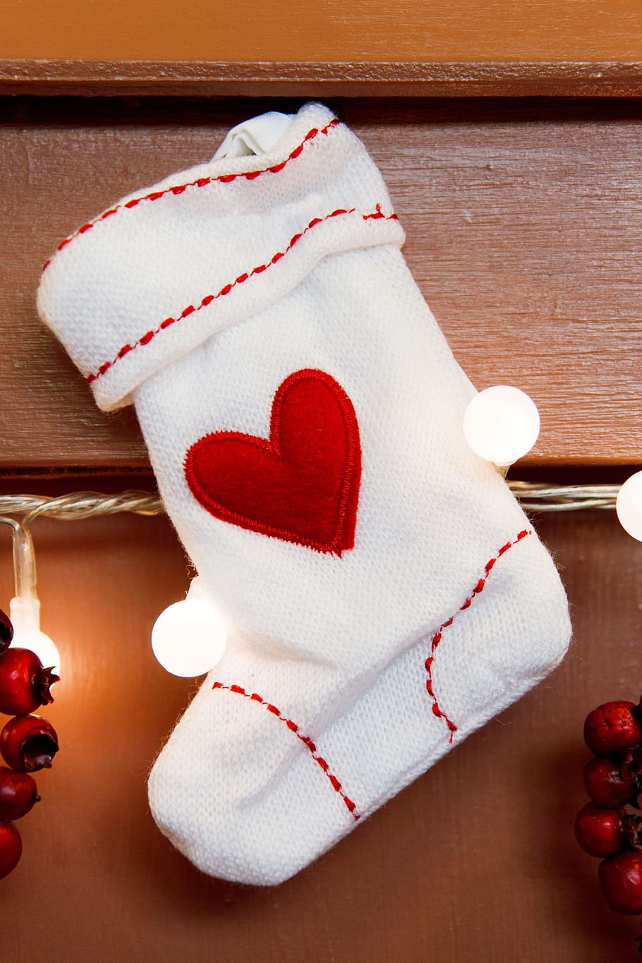 hanged, white, red, heart-embroidered christmas, stocking, christmas, decoration, gift, hang, holiday