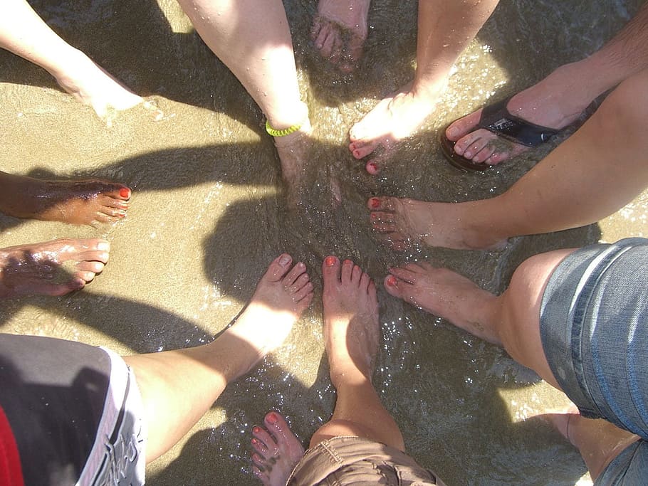 person, foot, top, view photography, beach, full, circle, team, coordination, racism