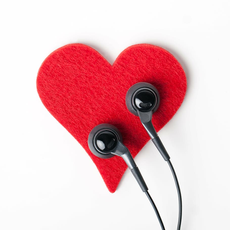 black, earphones, red, heart decor, heart, object, listen, headphones, stethoscope, healthcare And Medicine