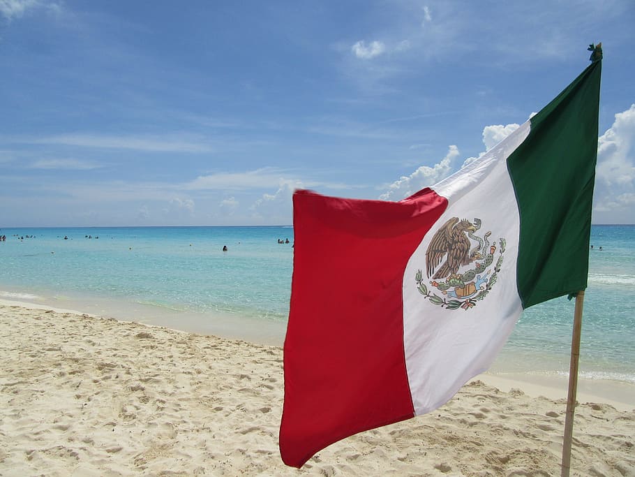 bendera, berdiri, pantai laut, Meksiko, Hari Libur, Air, Laut, Cancun, pantai, lautan