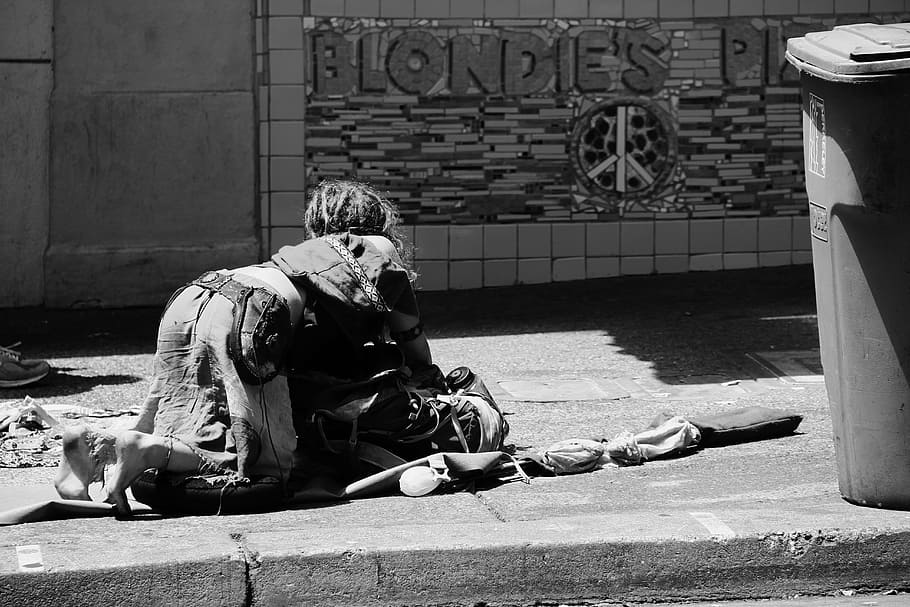 woman, kneeling, concrete, floor, homeless, street, sad woman, urban, poverty, hunger