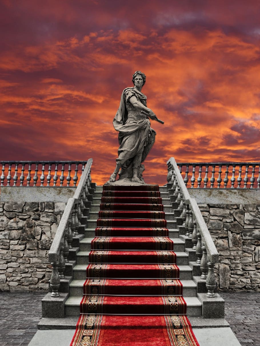 greece statuette, sunset, stairs, staircase, statue, sculpture, red, purple, gray, stone