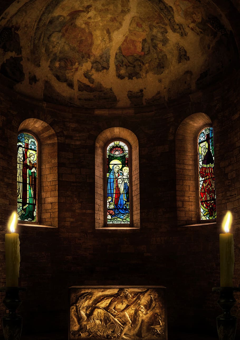 church, altar, window, church window, nave, religion, chapel, interior, candles, photo manipulation