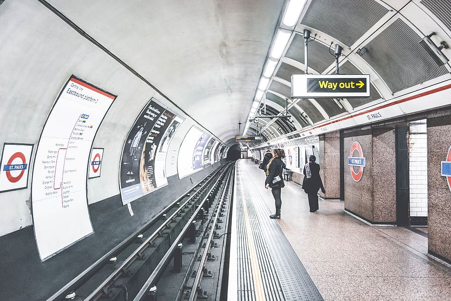 woman, wearing, black, coat, standing, train, tube, london, underground, station