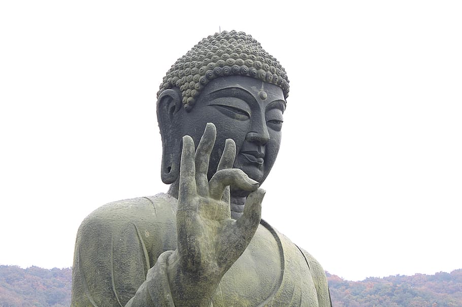 estátua de buda, cinza, céu, coréia, meditação, religião, espiritual, budismo, orar, oração