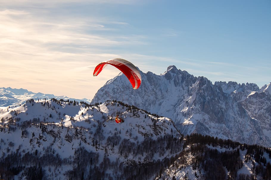paragliding, mountains, kaiser mountains, sky, clouds, panorama, sport, hobby, sun, flying