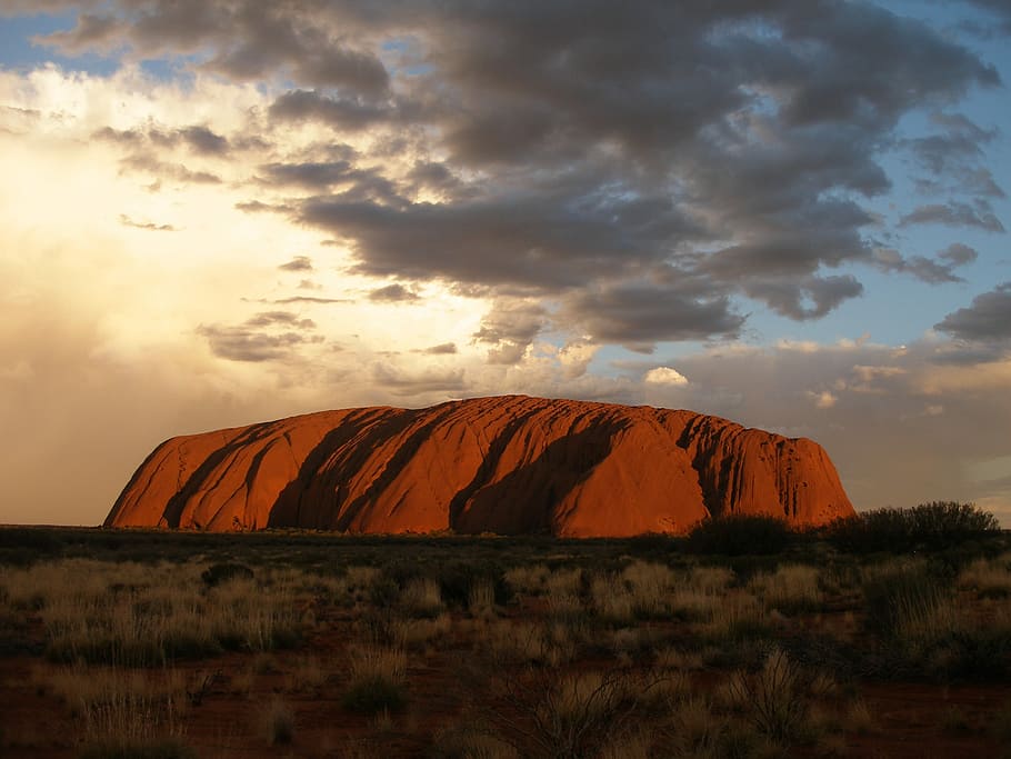 marrom, rochoso, montanha, dourado, hora, Ayers Rock, Uluru, Outback australiano, pôr do sol, austrália