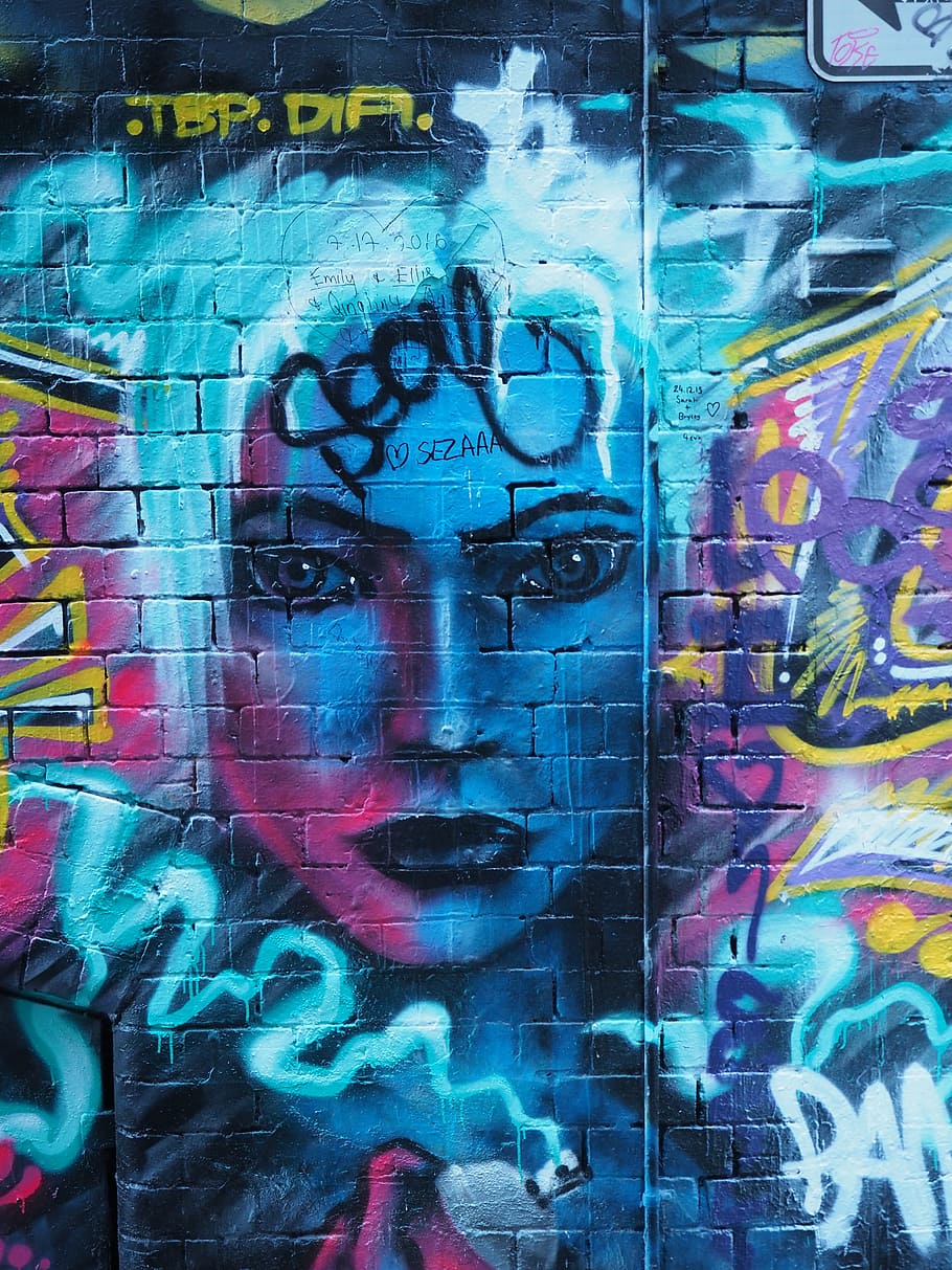 женщина, лицо краска для стен, граффити, мельбурн, лицо, переулок, улица, аллея, молодежь, на открытом воздухе
