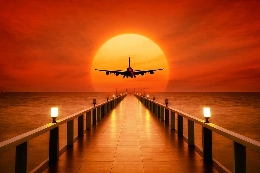 puesta de sol, avión, despegue, naturaleza, amanecer, agua, océano, transporte, aire, cielo