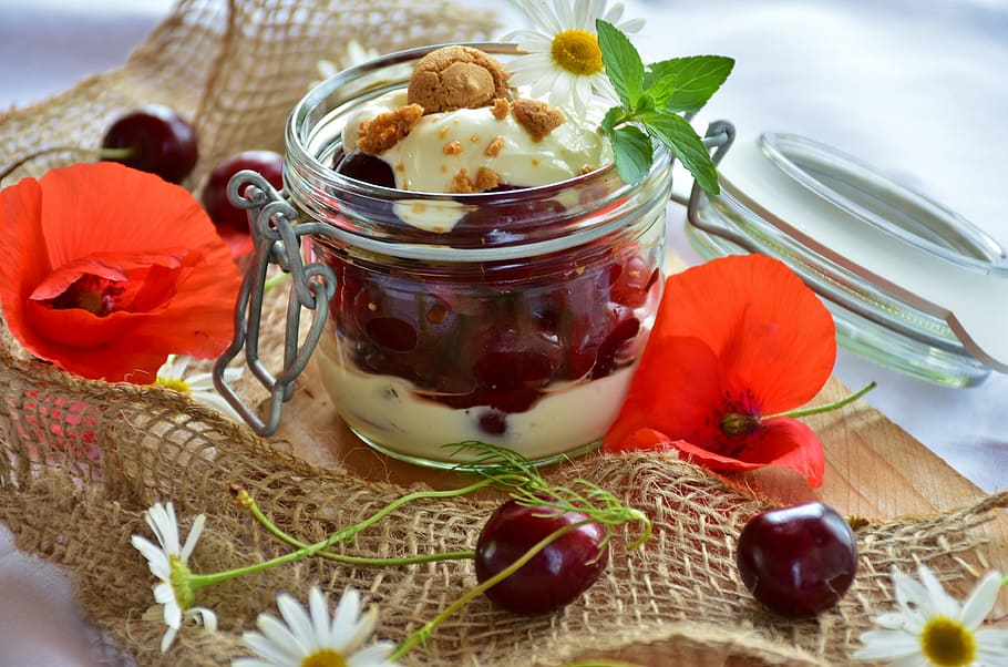 clear glass container, cherries, cherry dessert, cream, yogurt, slightly, locker, dessert, sweet dish, delicious