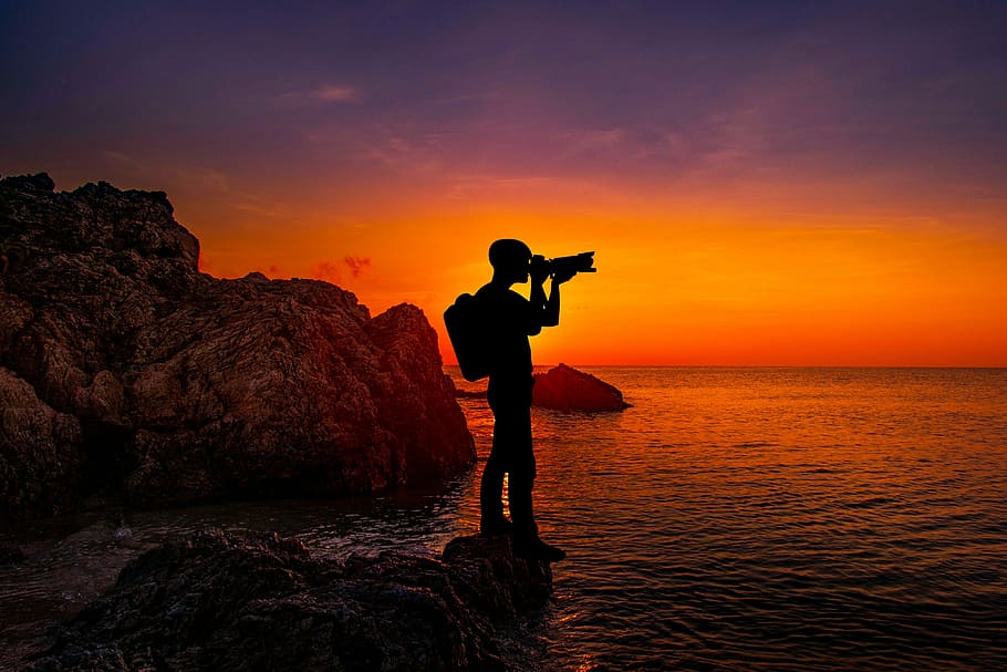 silhouette photo, photographer, standing, rack, photography, camera, isolated, professional, photographs, outdoor