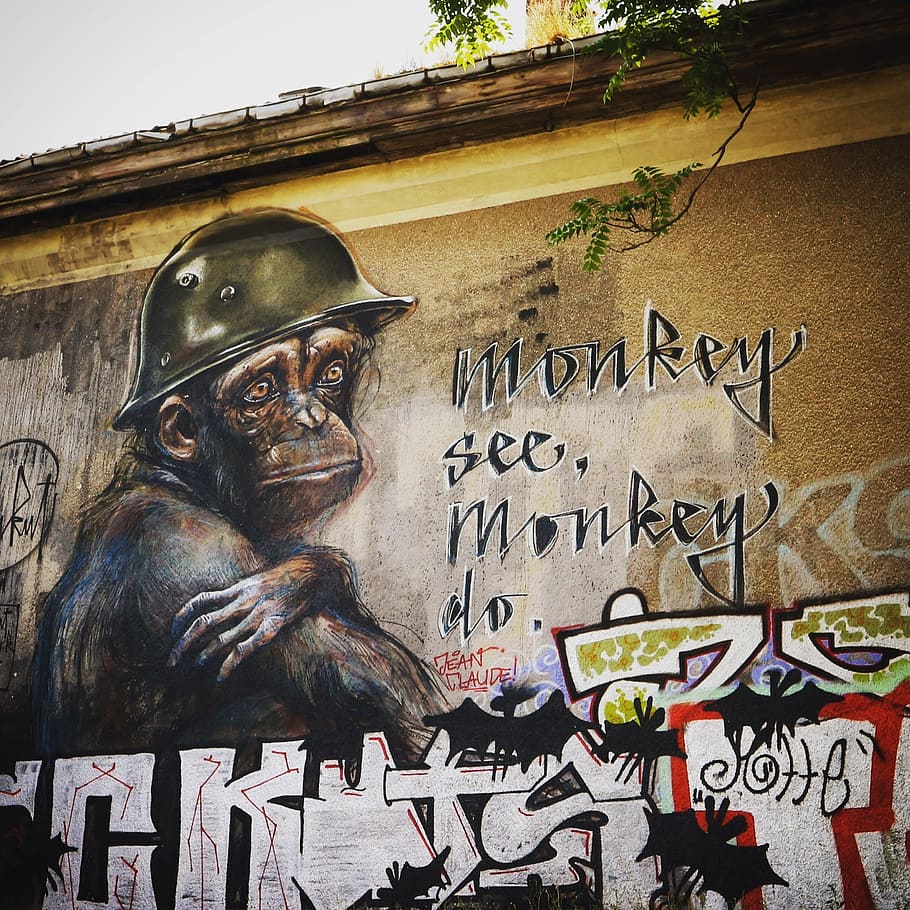 arte callejero, urbanart, aerosol, calle, arte, fachada, berlín, mono, soldado, graffiti