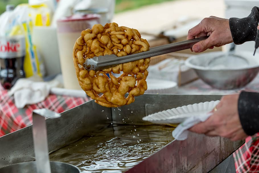 funnel cake, hot grease, hot oil, cooking, festival, cook, heat, preparation, fat, unhealthy
