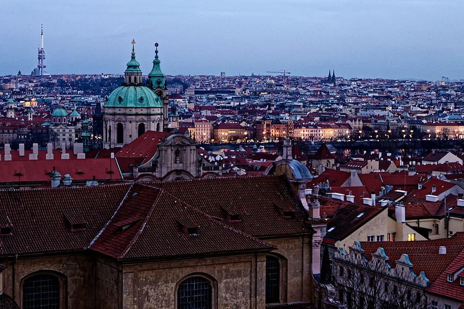 high-angle photography, city, prague, czech republic, history, lock, panorama, prague castle, old town, views