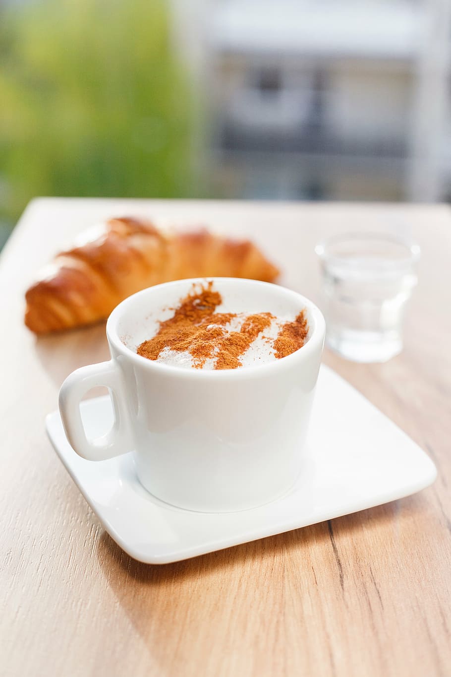 cinnamon coffee, cream, croissant, bread, food, snack, coffee, cafe, glass, cup