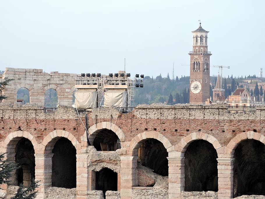 arena, verona, italy, piazza bra, monument, tourism, arc, campanile, architecture, built structure