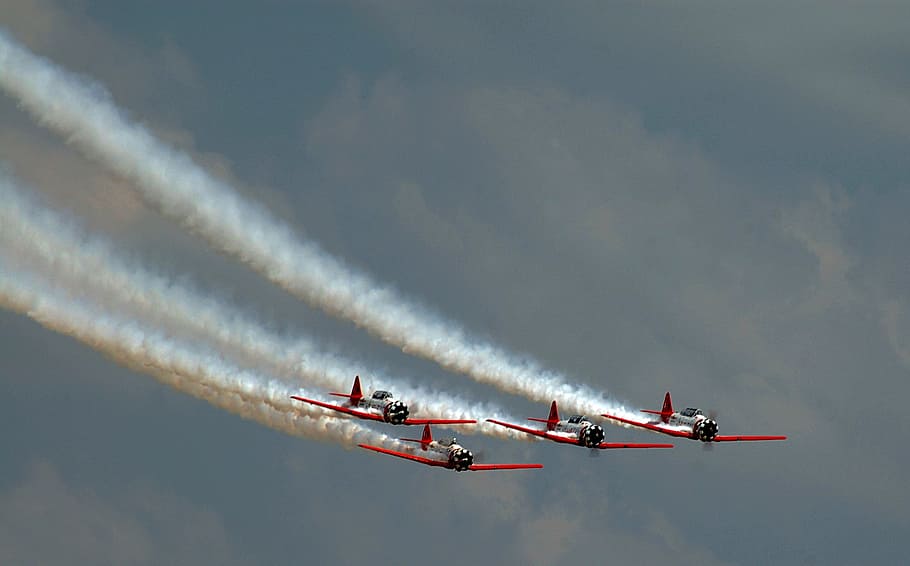 planes, airshow, stunt, red, airplane, air vehicle, transportation, flying, mode of transportation, vapor trail