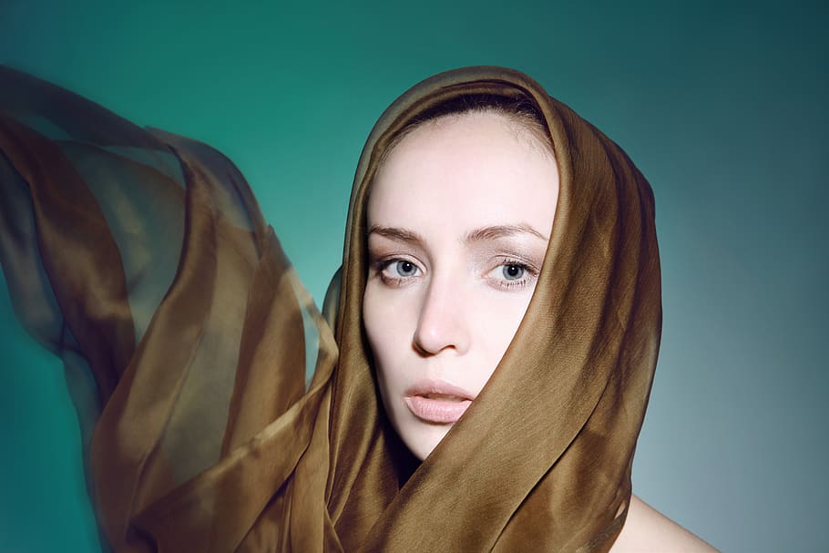beautiful, attractive, young, woman, female, wearing, silk, brown, scarf, face